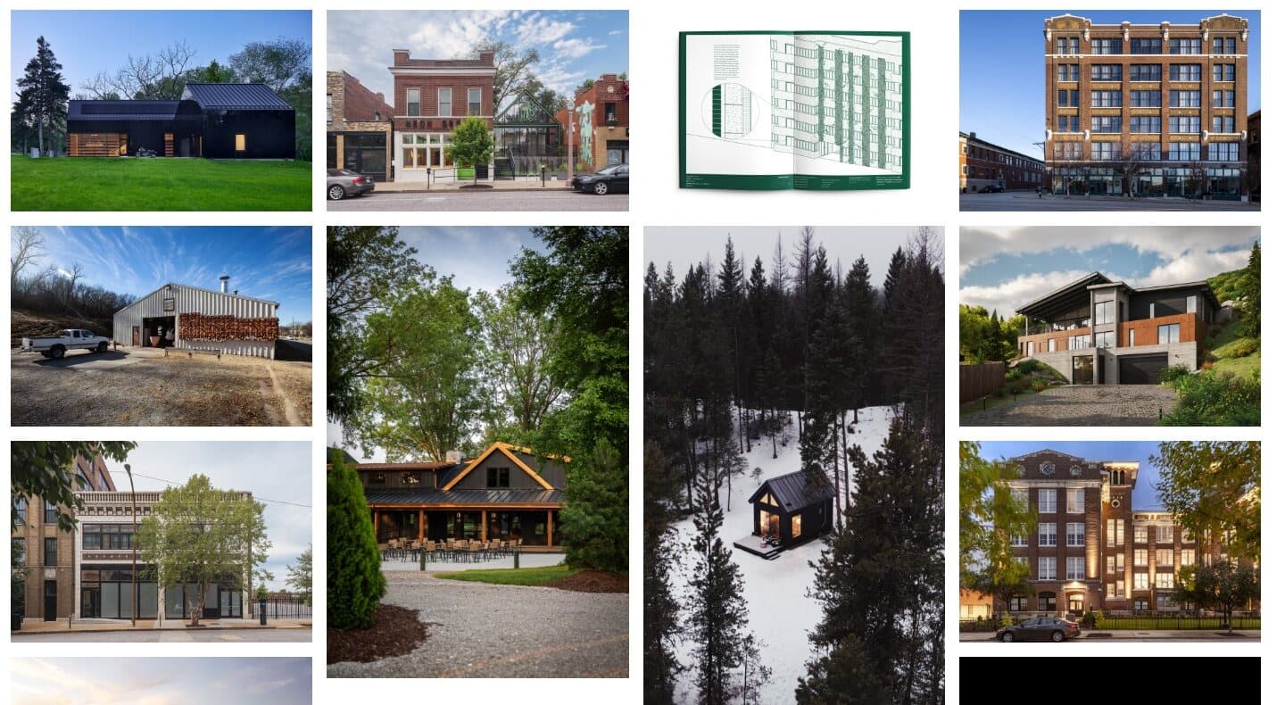 The portfolio’s project index: four columns of building photographs, each at its own height.