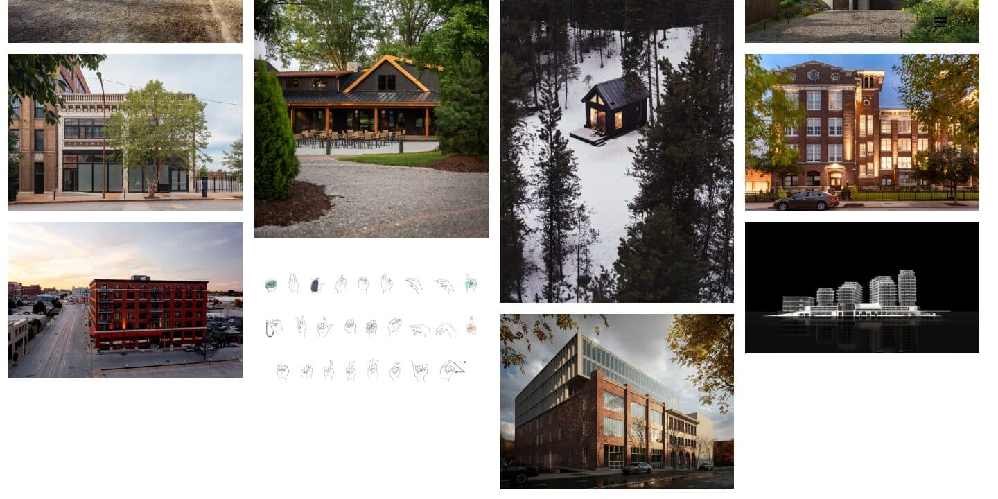 Further down the index: a page of hand drawings and a night render of a tower block among the photographs.
