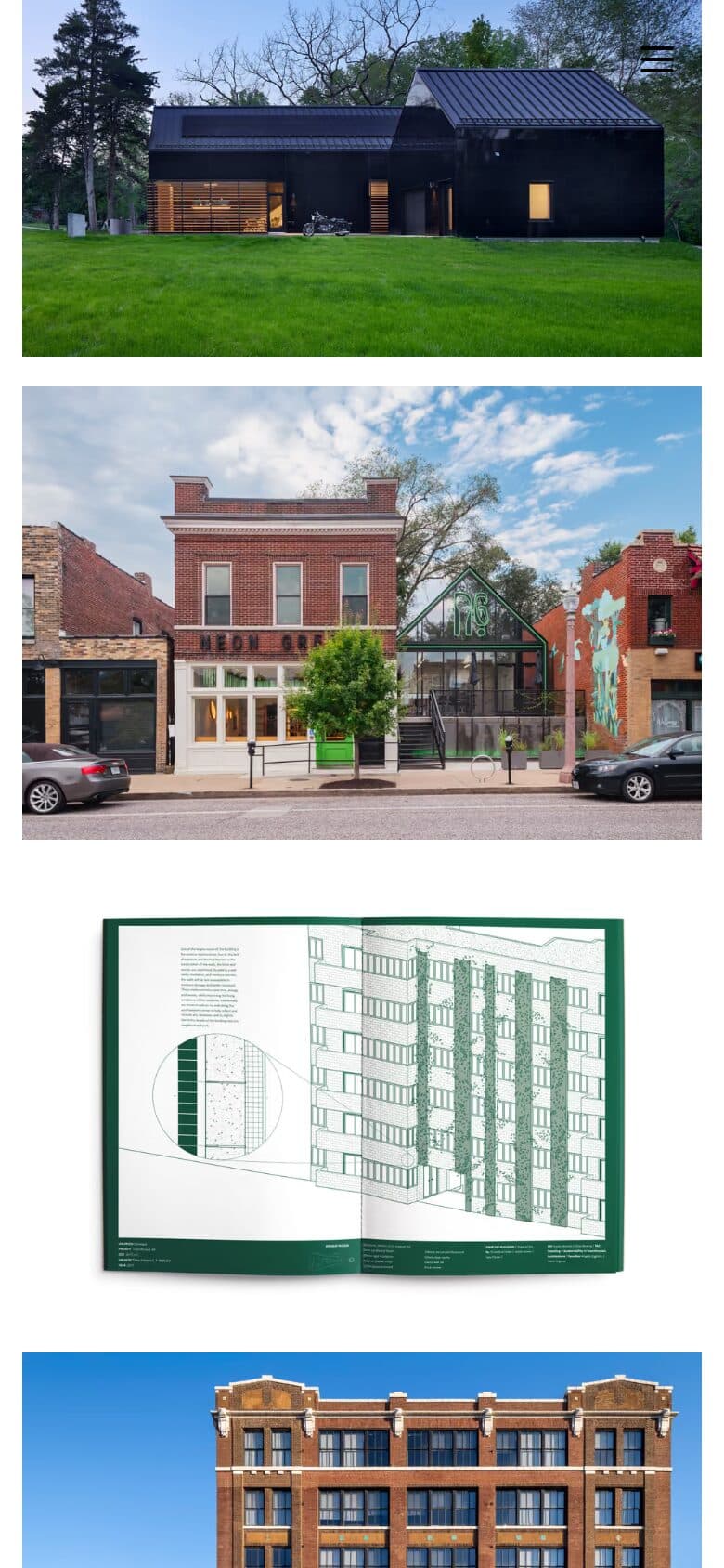 The same index on a phone: one column, with a house, a street front and a drawing set stacked at full width.