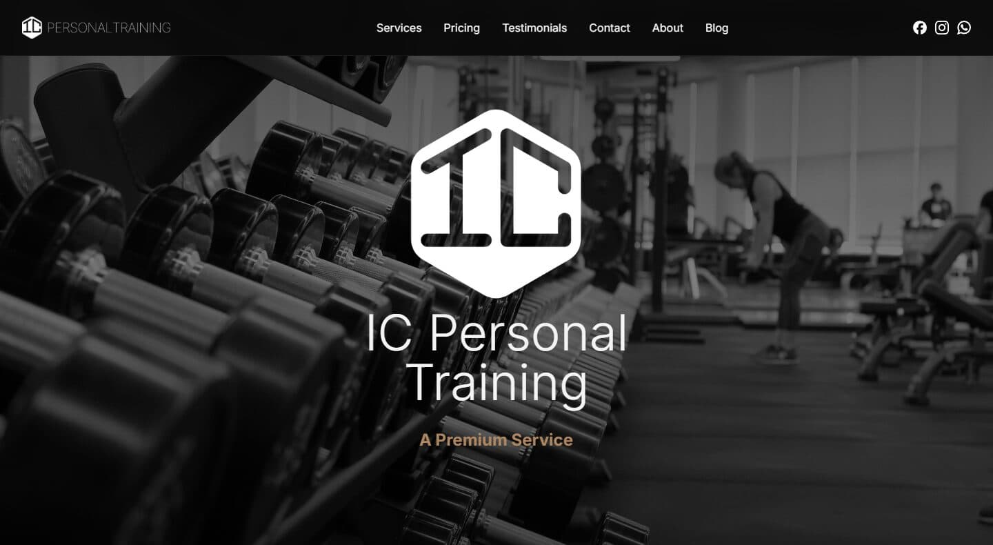 The home page of IC Personal Training: the IC mark and name over a black-and-white photograph of a gym.