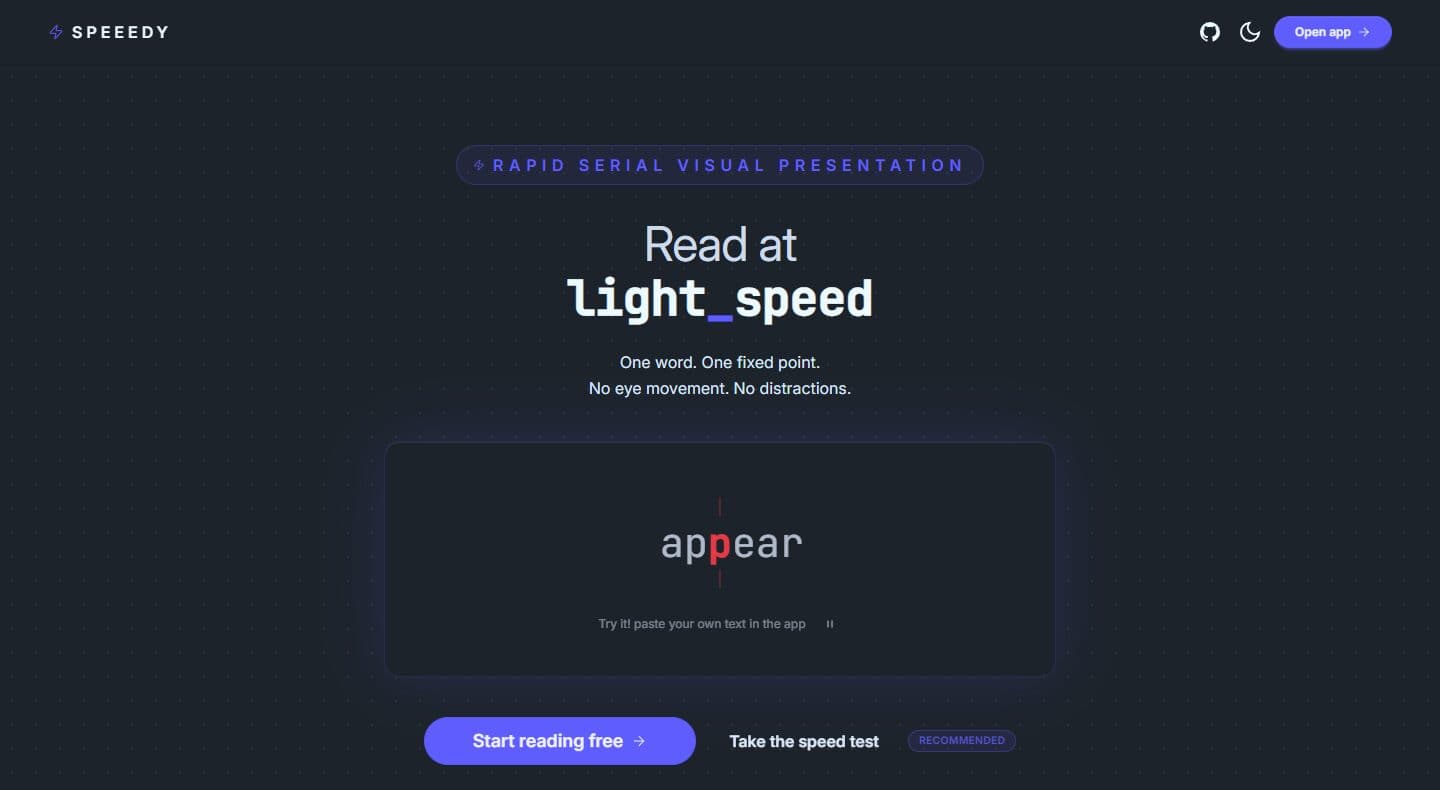 Speeedy’s home page, with its reading window holding one word.